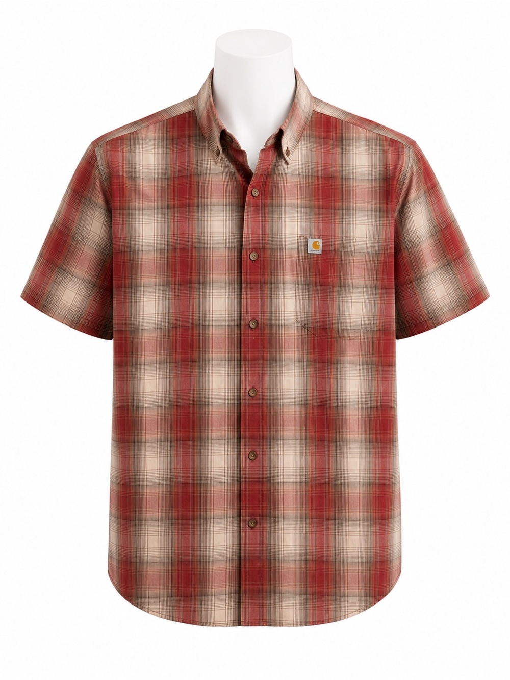 Size 2XL Carhartt Men’s Relaxed Fit Plaid Button Up Work Shirt Cotton Red Tan